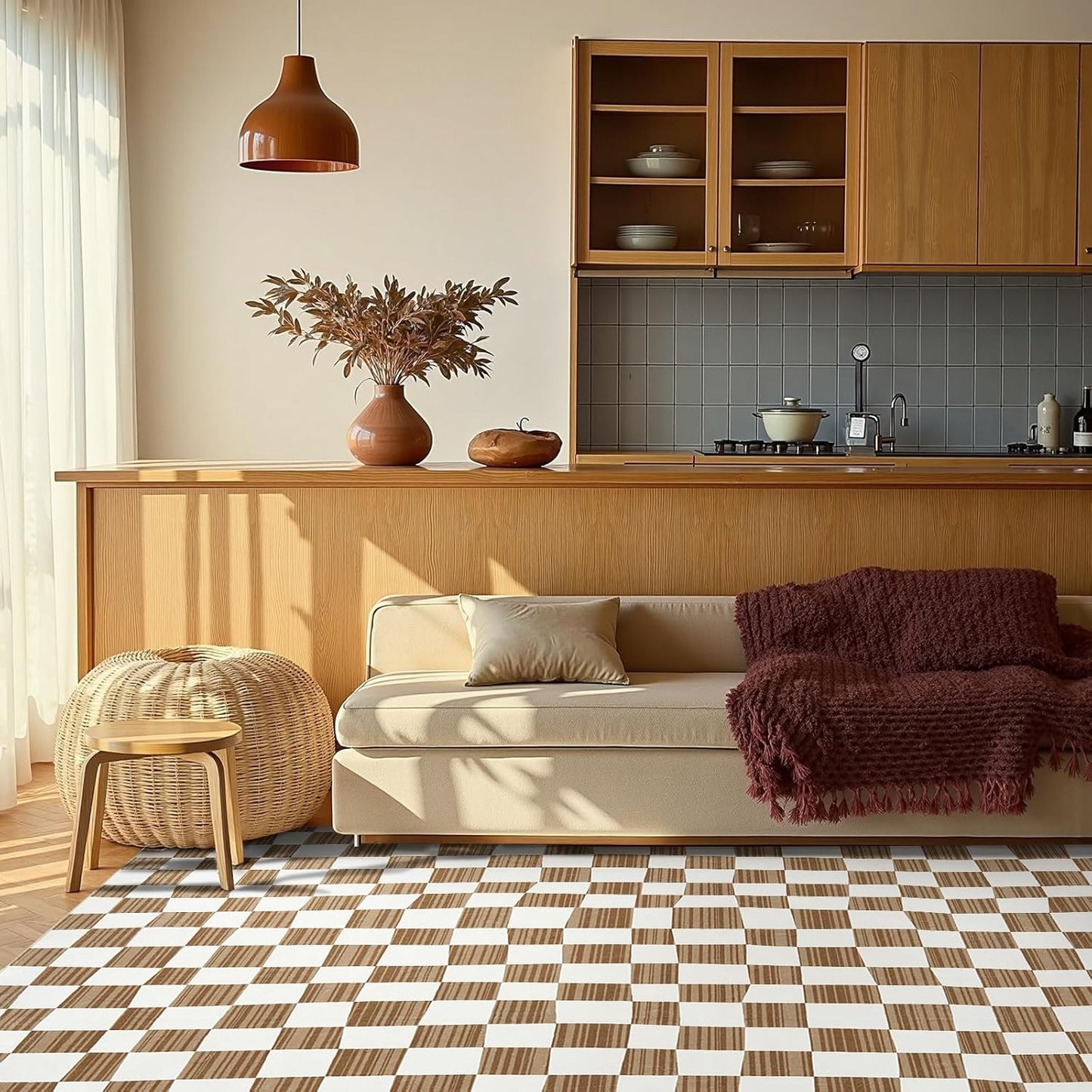 jinchan 8x10 Brown Checkered Area Rugs for Kids Room - Machine Washable Rug Modern Neutral