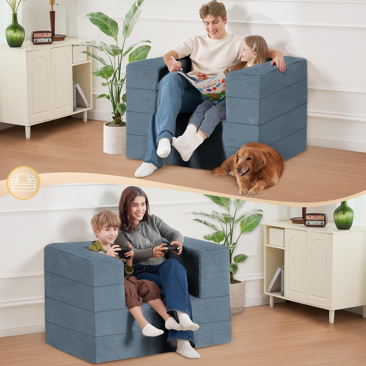 Folding Bean Bag Chair for Adults,3-in-1 Bean Bag Couch Faux Fur Floor Sofa Large Beanbag