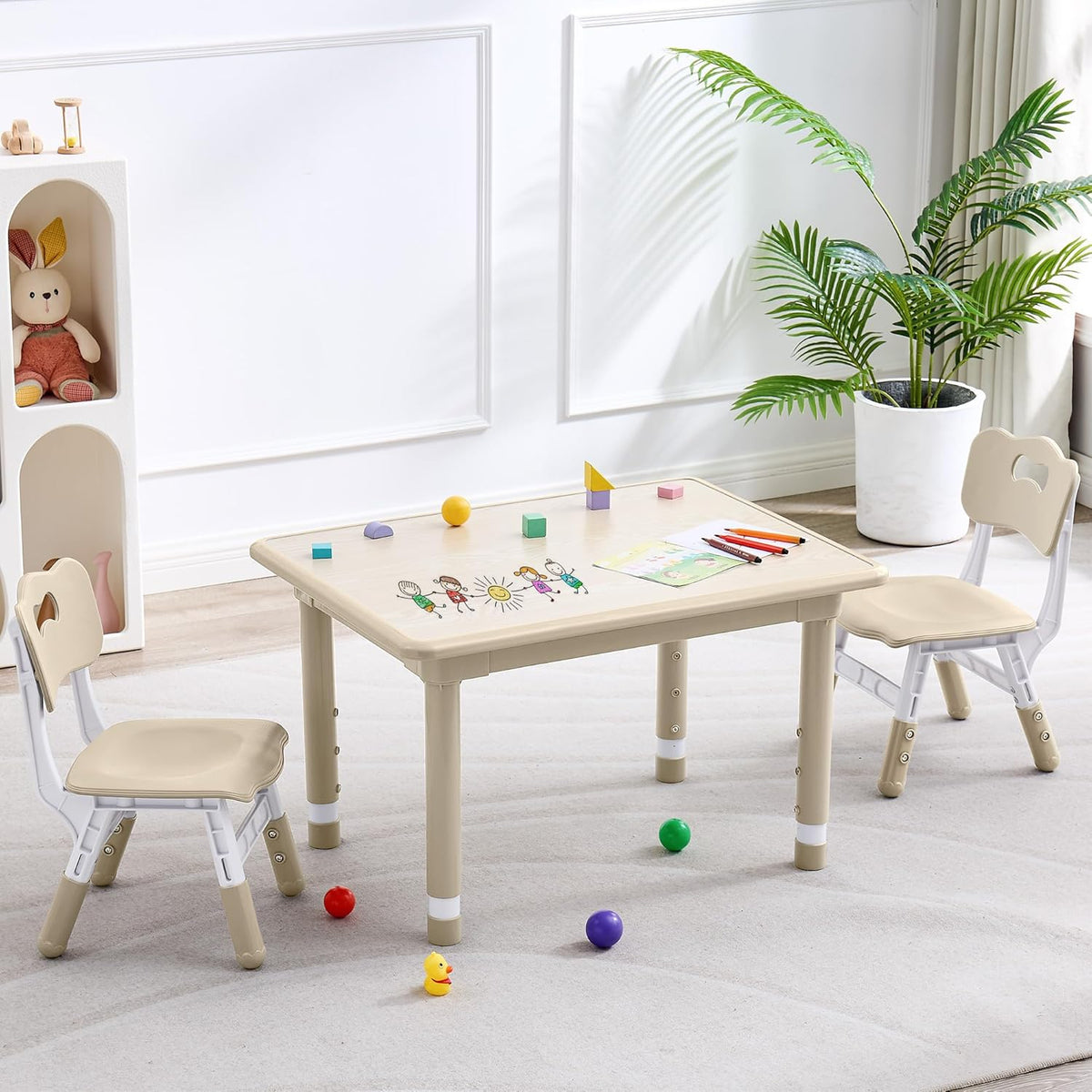 Kids Table and 2 Chairs Set, Height Adjustable (17.7"-26.1") Toddler Table and Chair Set