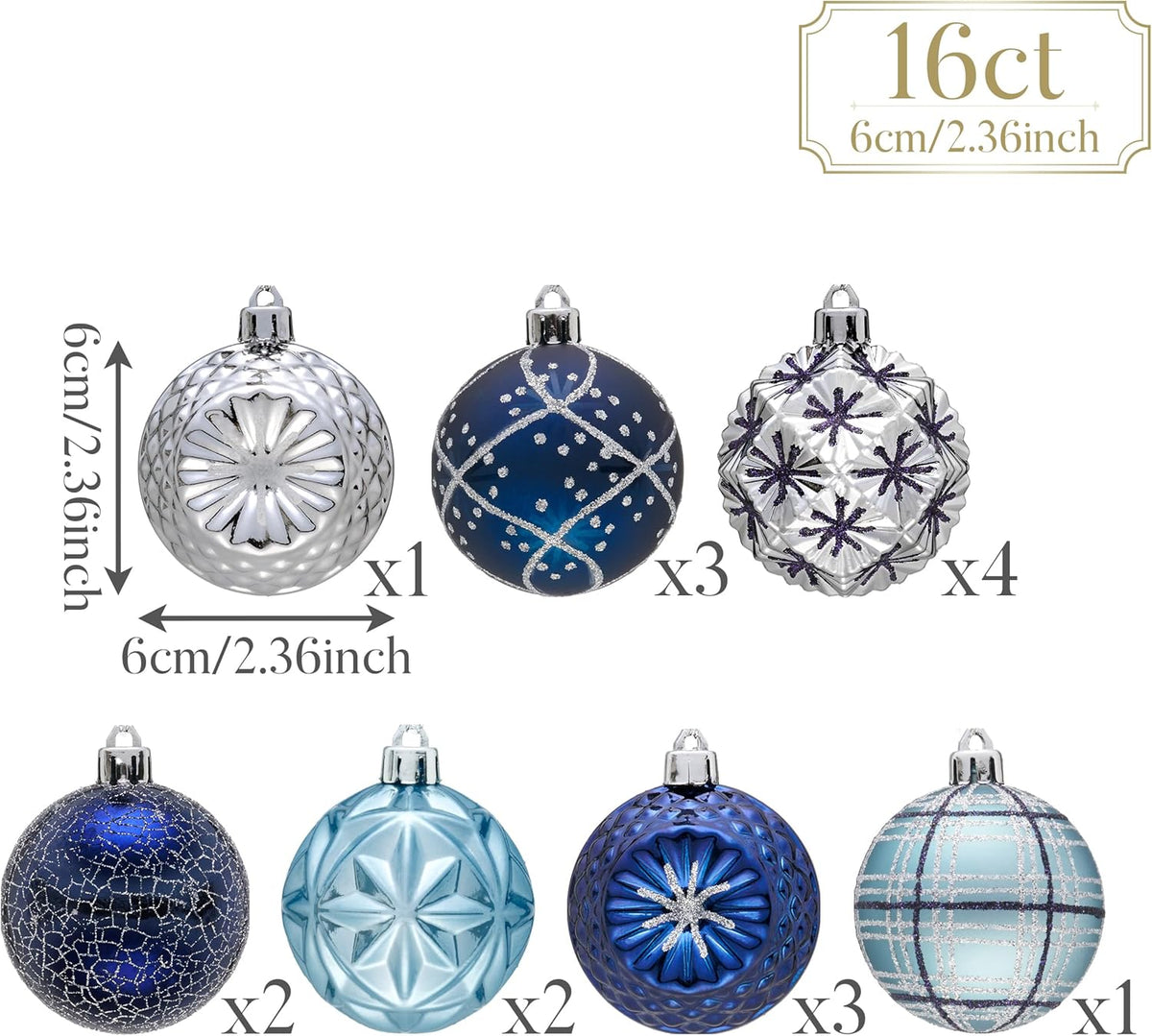 Valery Madelyn Ornaments for Christmas Trees, 16ct 2.36 Inches Navy Blue and Silver Shatterproof