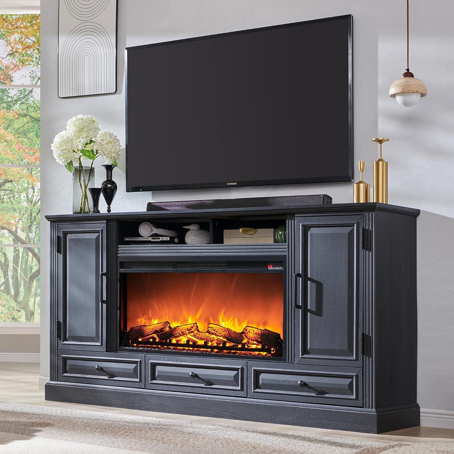 Fireplace TV Stand for 80 Inch TV, 35.7" Tall Farmhouse Entertainment Center W/36'' Electric