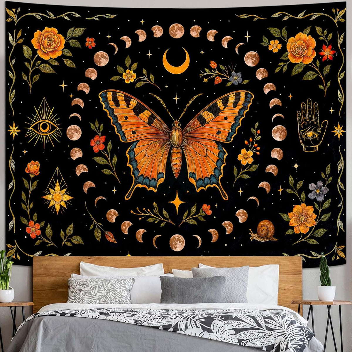 Lunerfex Moon Phase Butterfly Floral Wall Tapestry, Celestial Botanical Tapestries for Room Decor