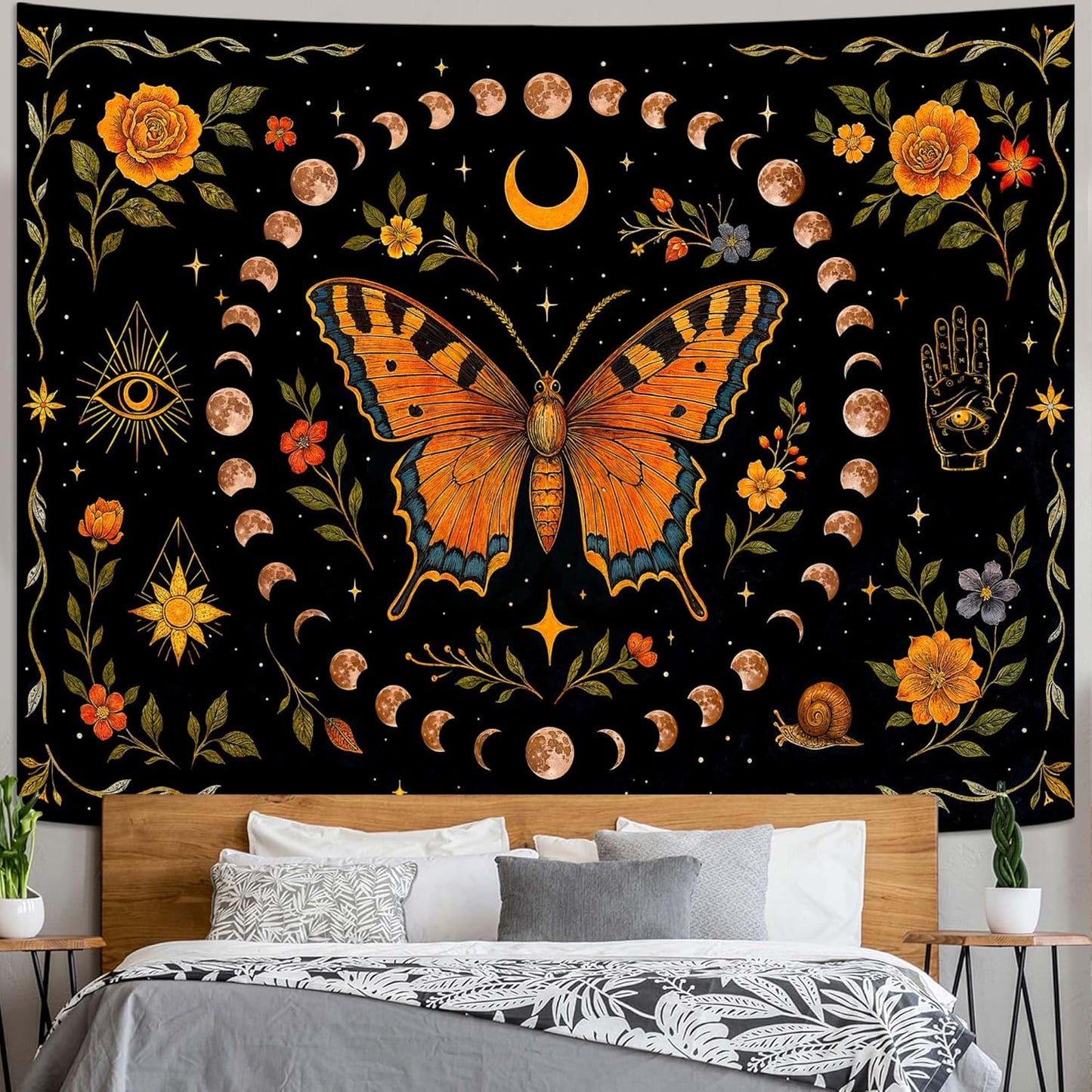 Lunerfex Moon Phase Butterfly Floral Wall Tapestry, Celestial Botanical Tapestries for Room Decor