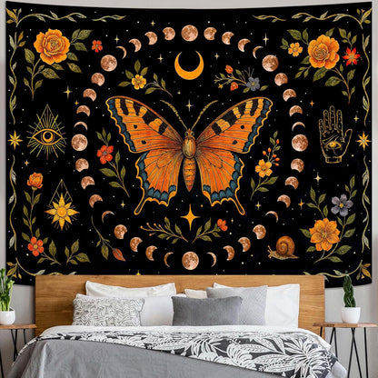 Lunerfex Moon Phase Butterfly Floral Wall Tapestry, Celestial Botanical Tapestries for Room Decor