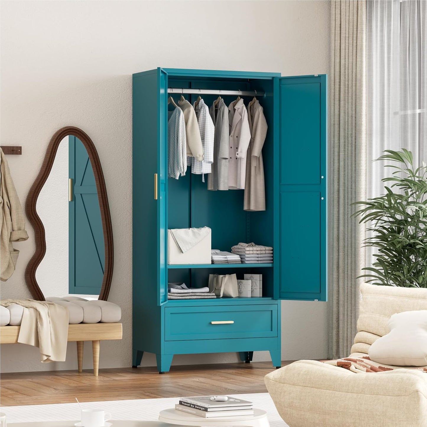 71'' Farmhouse Metal Wardrobe Cabinet with Hanging Rod, 2 Barn Door Wardrobe Closet with Adjustable