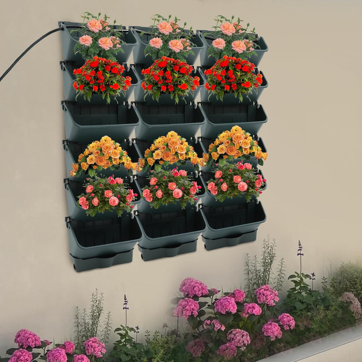 18 Pots Self-Watering Vertical Wall Planter, 39.4”L x 39.4”H Stackable Plastic Wall-Mounted Plant