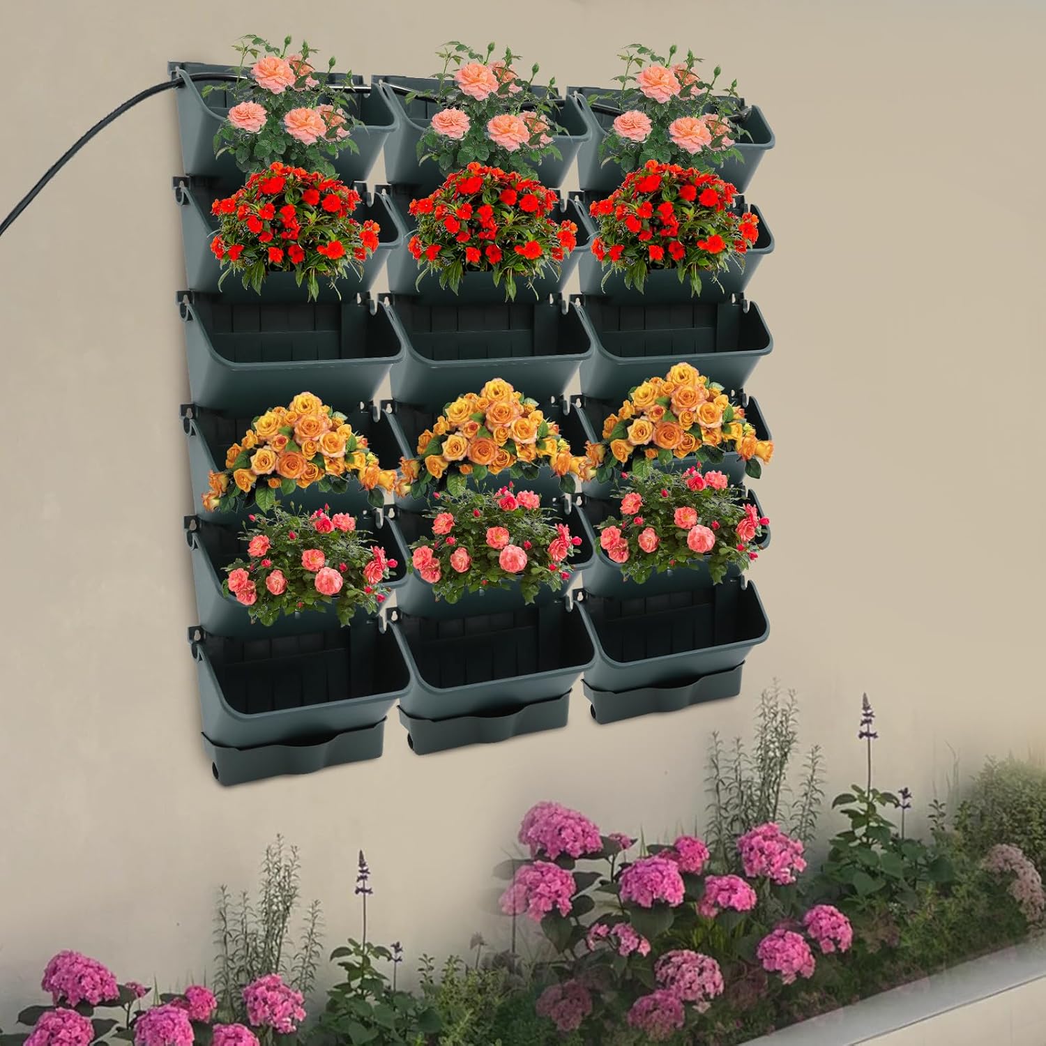 18 Pots Self-Watering Vertical Wall Planter, 39.4”L x 39.4”H Stackable Plastic Wall-Mounted Plant
