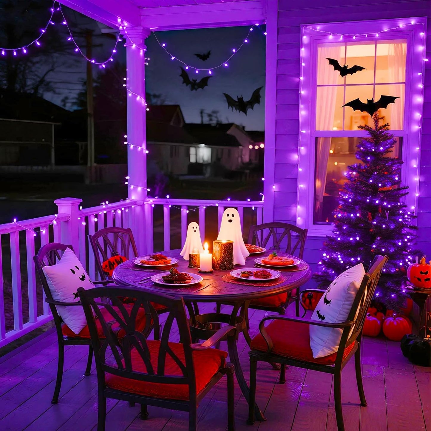 JMEXSUSS Connectable 100 LED Purple Halloween Lights Indoor, 8 Modes Plug in Purple Christmas