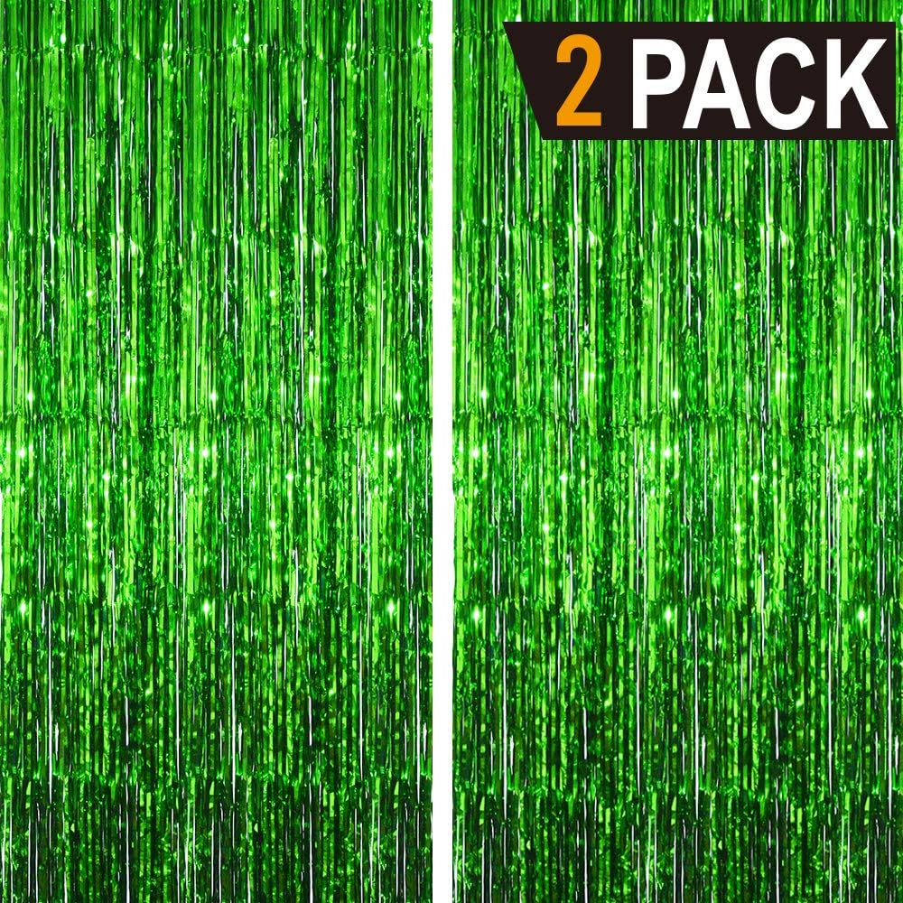 GOER 6.4 ft x 9.8 ft Metallic Tinsel Foil Fringe Curtains,Pack of 2 Party Streamer Backdrop for St.
