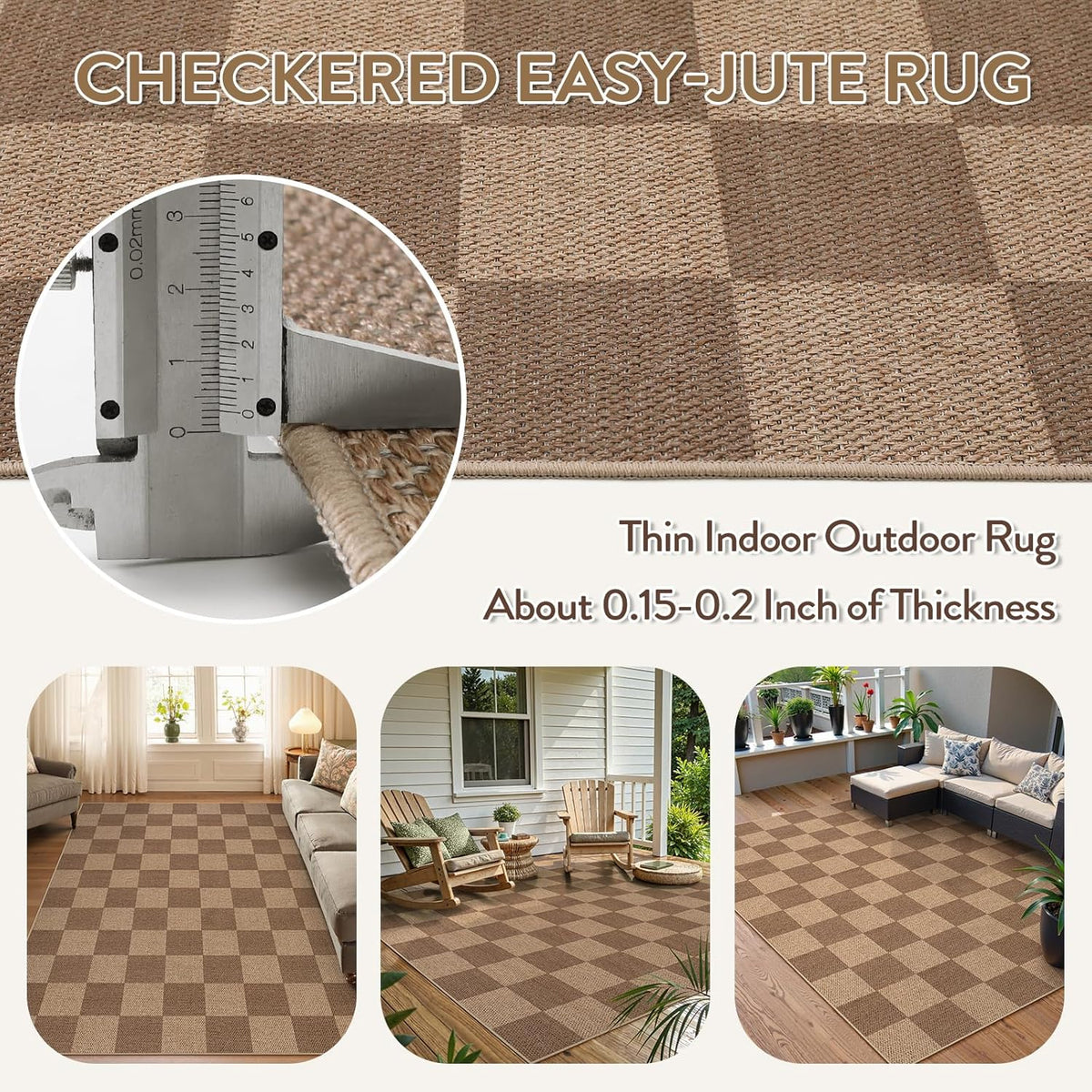 Lahome Checkered Easy Jute Living Room Rugs, 5x7 Large Dining Room Office Carpet Farmhouse Washable