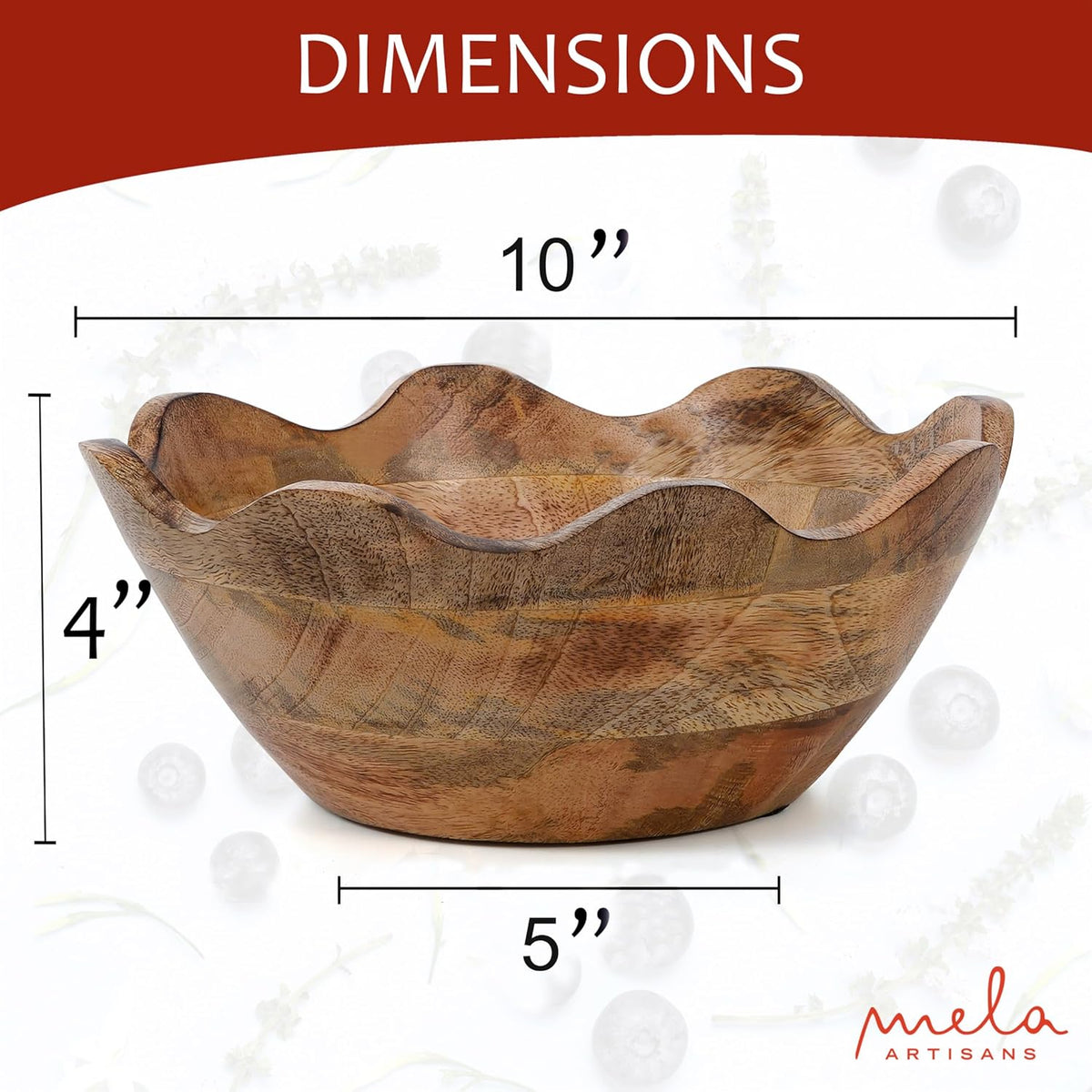 Mela Artisans Wooden Scalloped Bowl - Medium | Ruffle Decorative Style | Rustic Kitchen Decor |