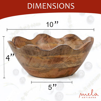 Mela Artisans Wooden Scalloped Bowl - Medium | Ruffle Decorative Style | Rustic Kitchen Decor |