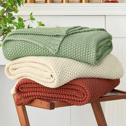 Chunky Cable Knit Throw Blanket Lightweight Light Green 100% Organic Cotton Blanket for Sofa Couch