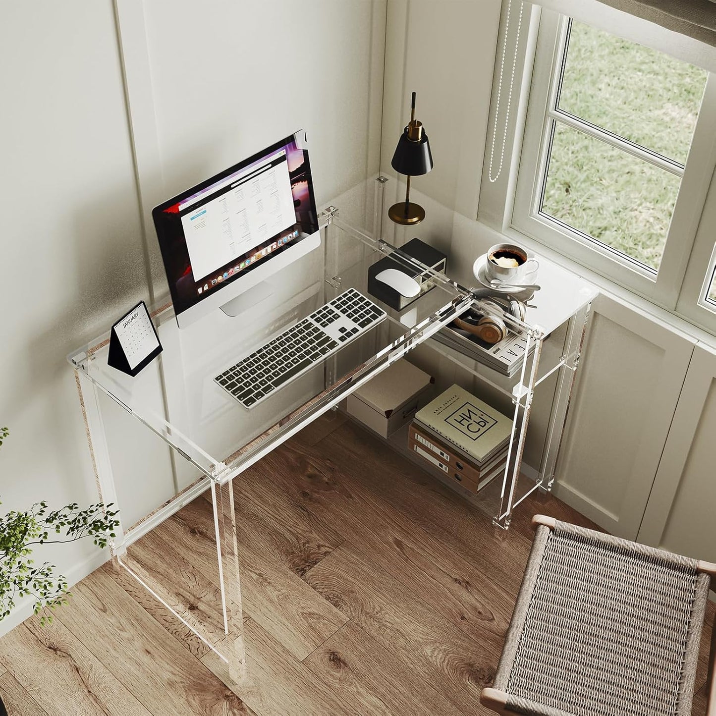 Eglaf Acrylic L-Shaped Desk - Clear Desk with Reversible Storage Shelves - Modern Home Office Desk