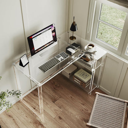 Eglaf Acrylic L-Shaped Desk - Clear Desk with Reversible Storage Shelves - Modern Home Office Desk