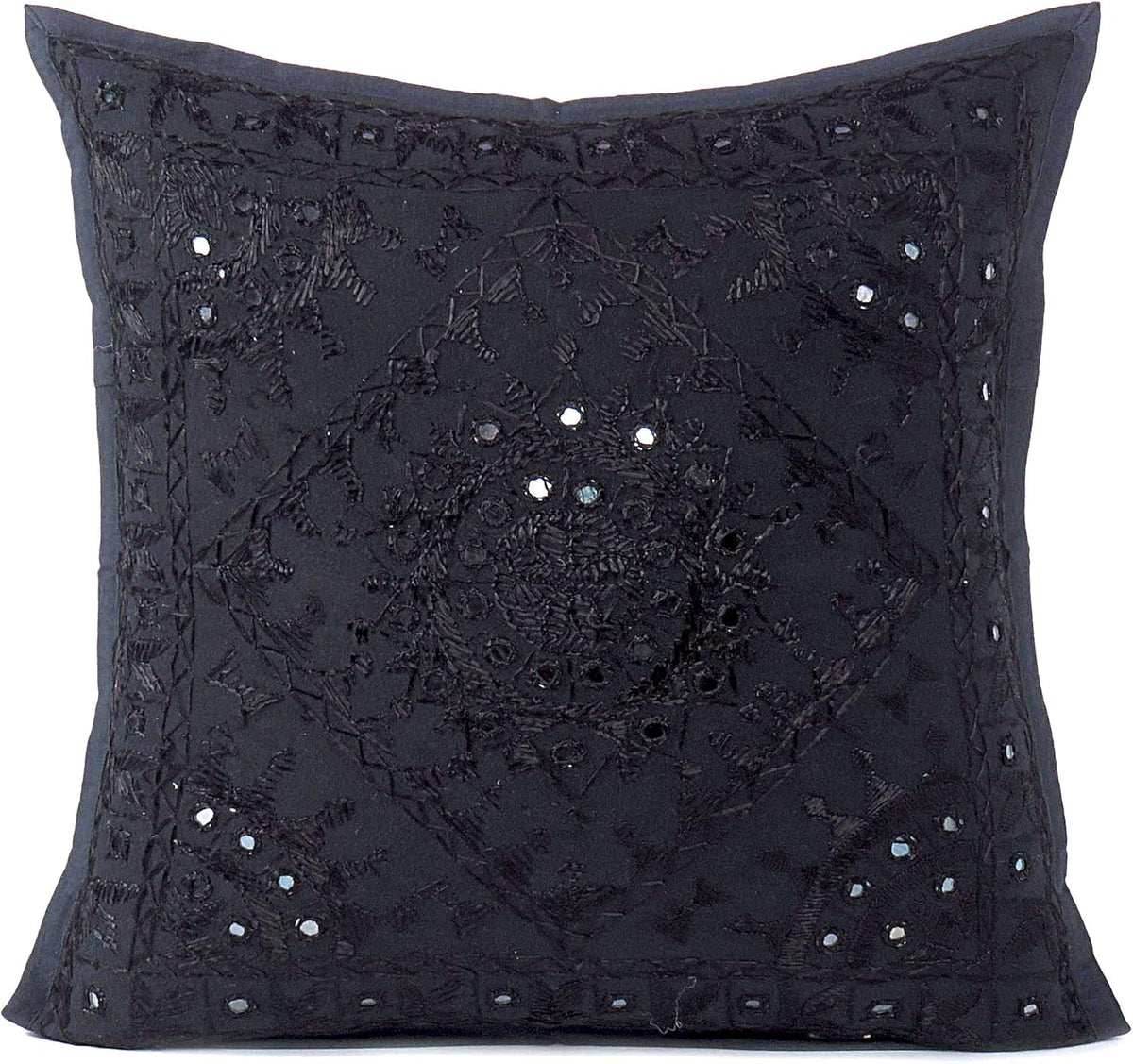 Eyes of India Embroidered Decorative Boho Throw Pillow Cover with Mirrors, Handmade Bohemian Accent
