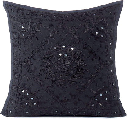 Eyes of India Embroidered Decorative Boho Throw Pillow Cover with Mirrors, Handmade Bohemian Accent