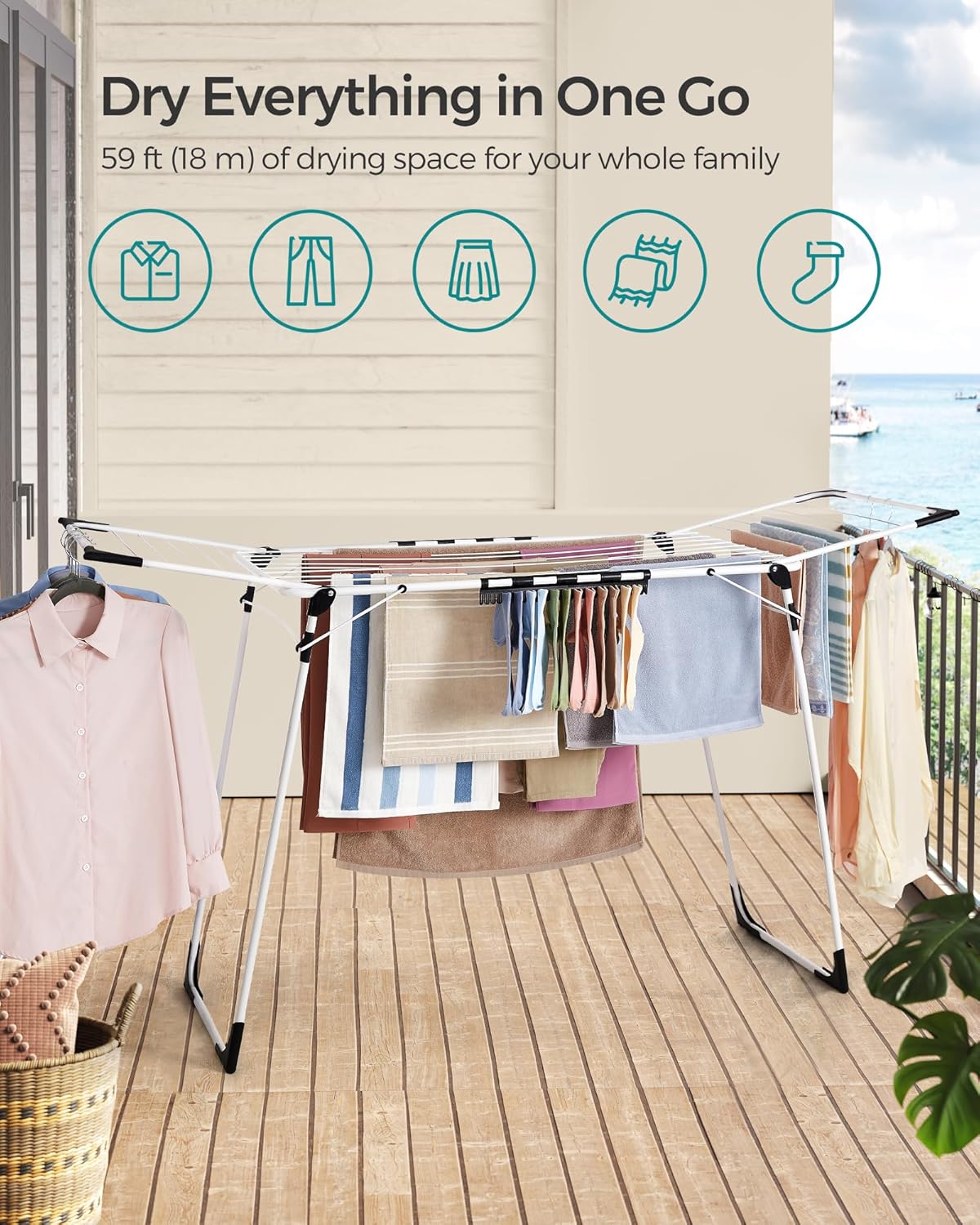 SONGMICS Clothes Drying Rack Foldable, Gullwing Laundry Drying Rack, Space-Saving, 22.2 x 68.1 x 38