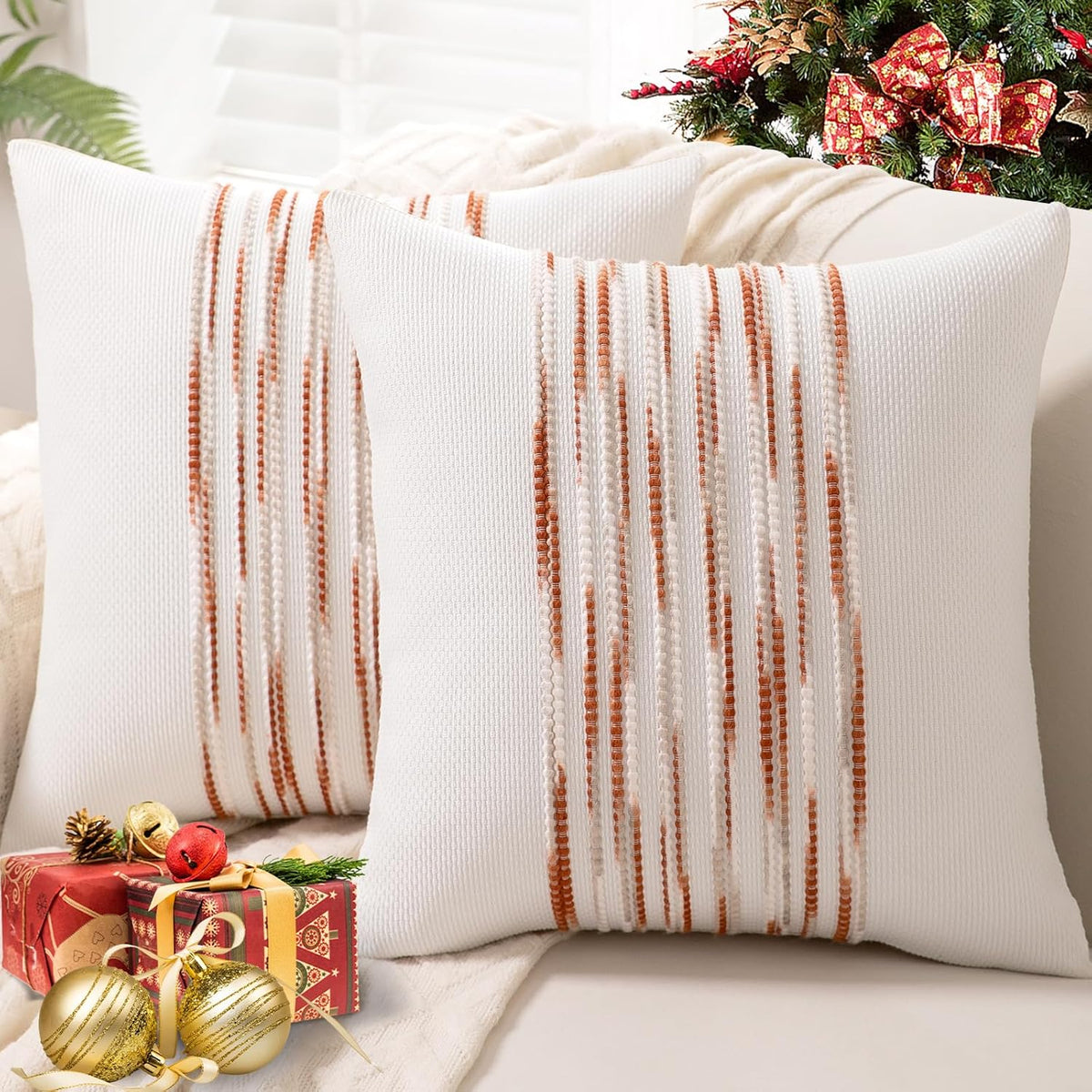 Boho Throw Pillow Covers 18x18 Set of 2 Christmas Decorative Cushion Case Striped Square Pillows