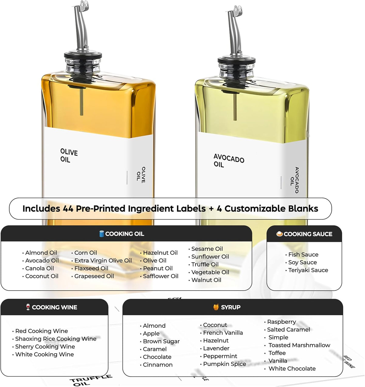 Olive Oil Dispenser Bottle - Includes 44 Kitchen Essential Labels - Cooking Oil Bottles for