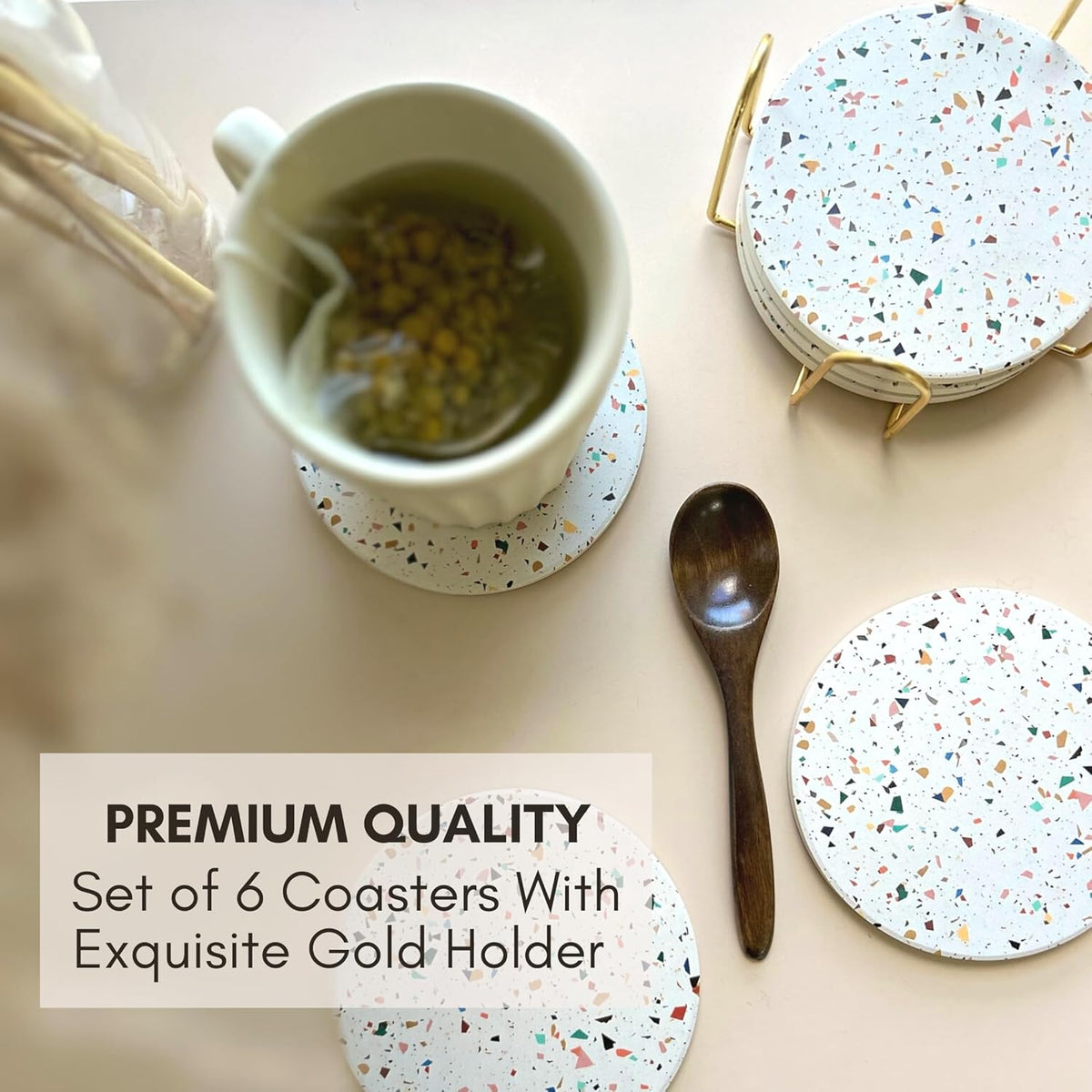 Terrazzo Drink Absorbent Coasters with Holder Set of 6, Ceramic Coaster for Drinks, Coffee Table