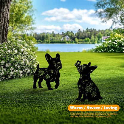 4 Pack Bulldog Metal Garden Decorative Stakes, Weather Proof Puppy Silhouette Statues for Yard