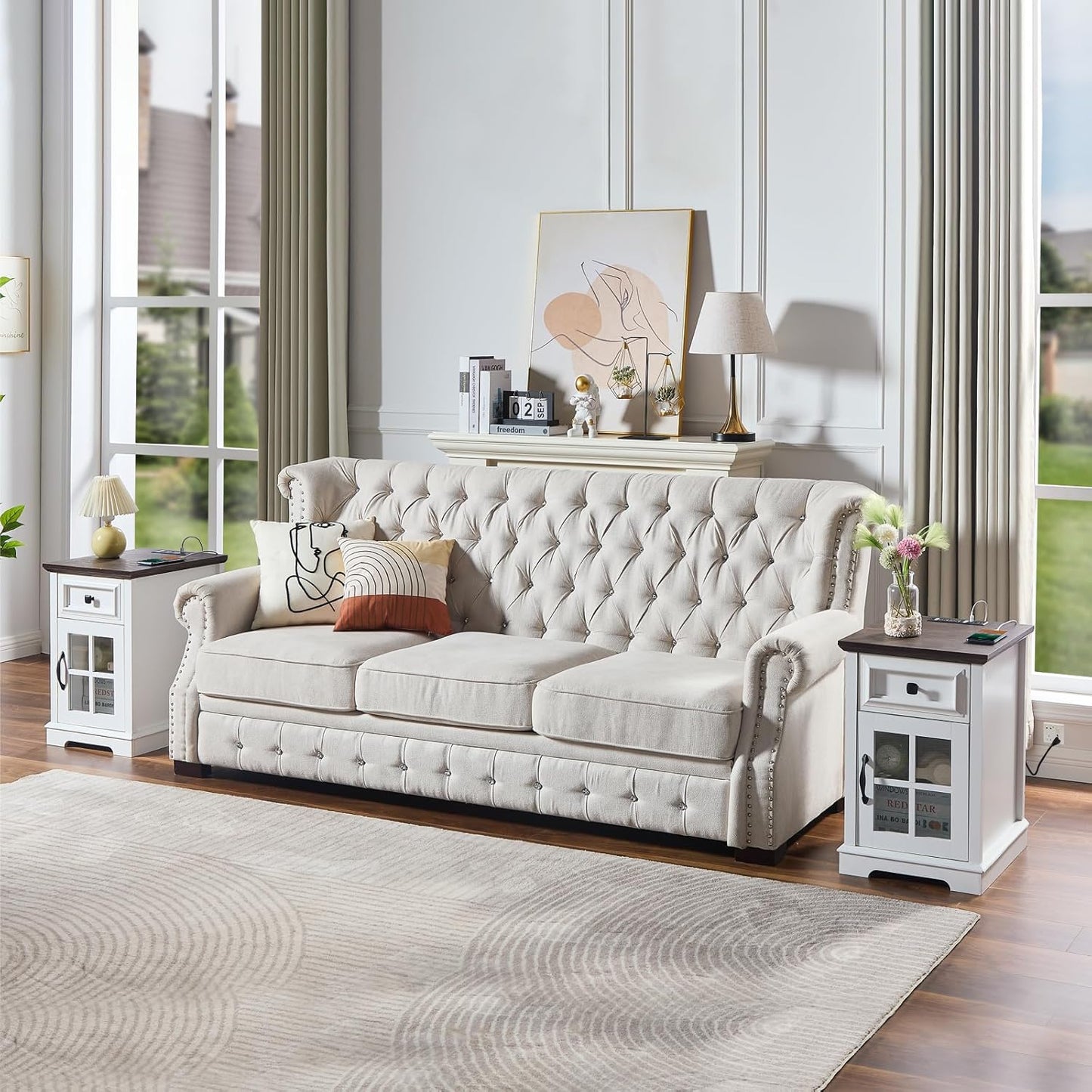 Farmhouse XXL End Table with Charging Station, Side Table with USB Ports and Outlets, Nightstand