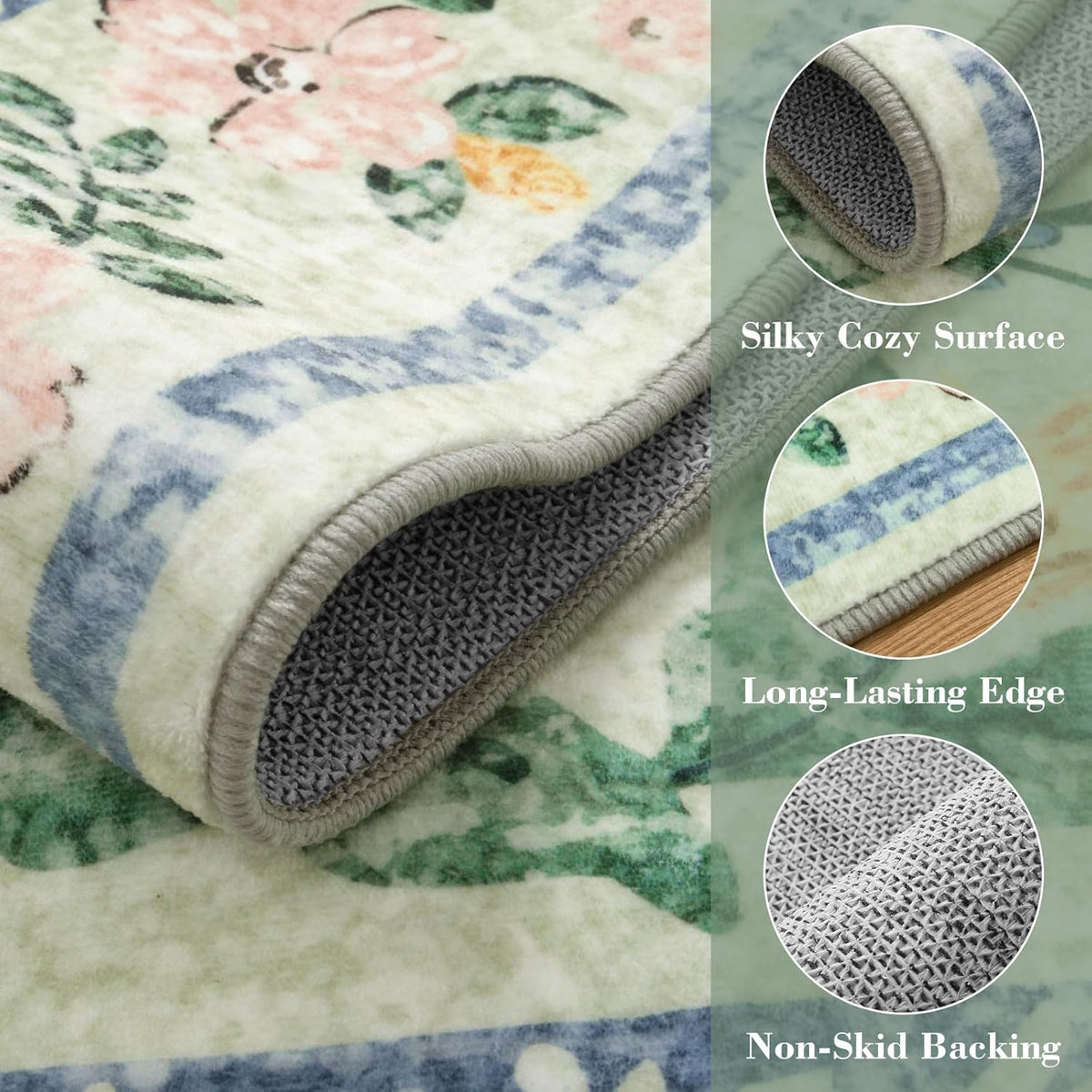Wonnitar Washable Floral 6x9 Rug, Soft Green Area Rug Boho Non Slip Dining Room Carpet