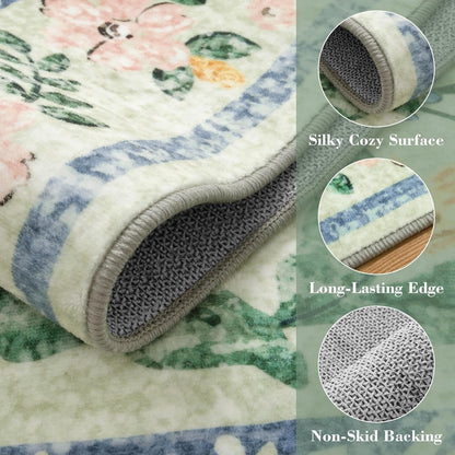 Wonnitar Washable Floral 6x9 Rug, Soft Green Area Rug Boho Non Slip Dining Room Carpet