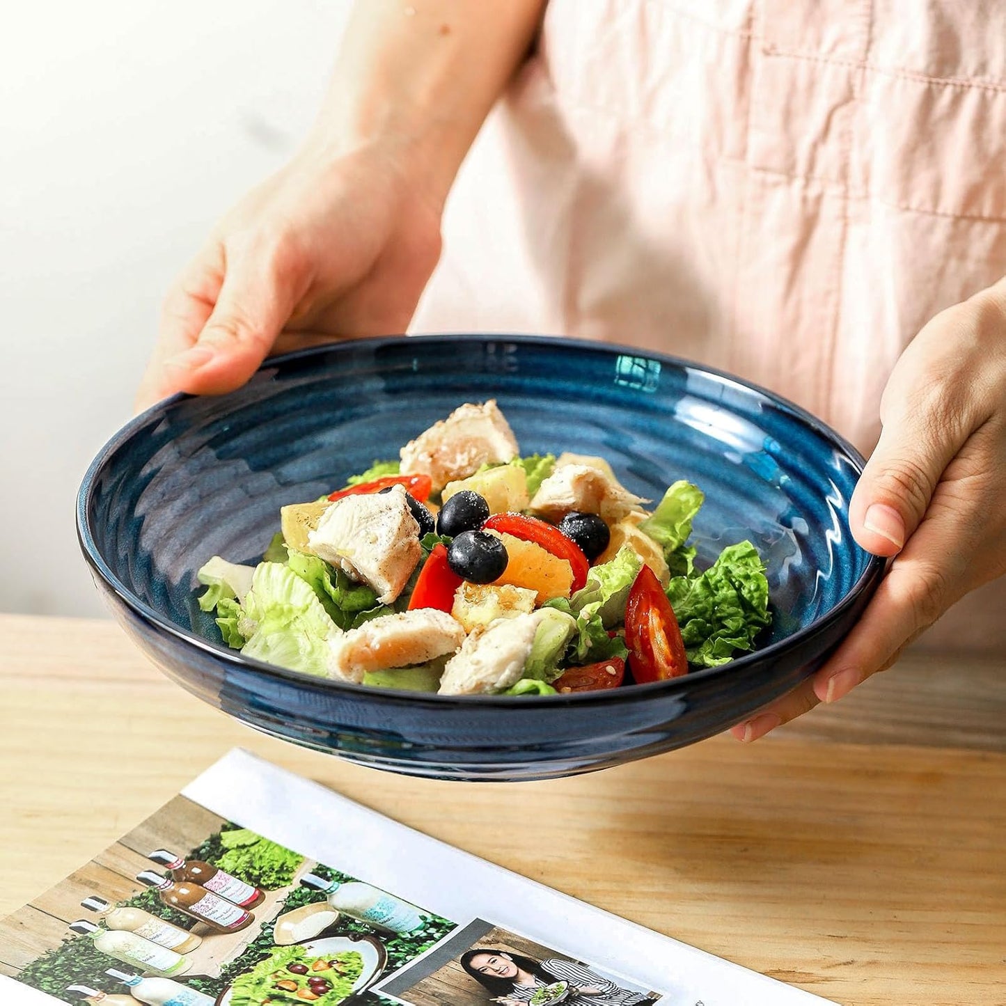 Pasta Bowls 32 OZ,Ceramic Salad Serving Bowls Set of 4,Large 8.7 inch Shallow Bowls Plates for