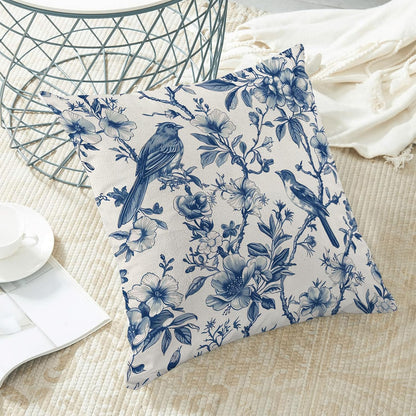 Navy Blue Spring Floral Pillow Covers 18 x 18 Inch Set of 2 for Chinoiserie Vintage Flowers Bird
