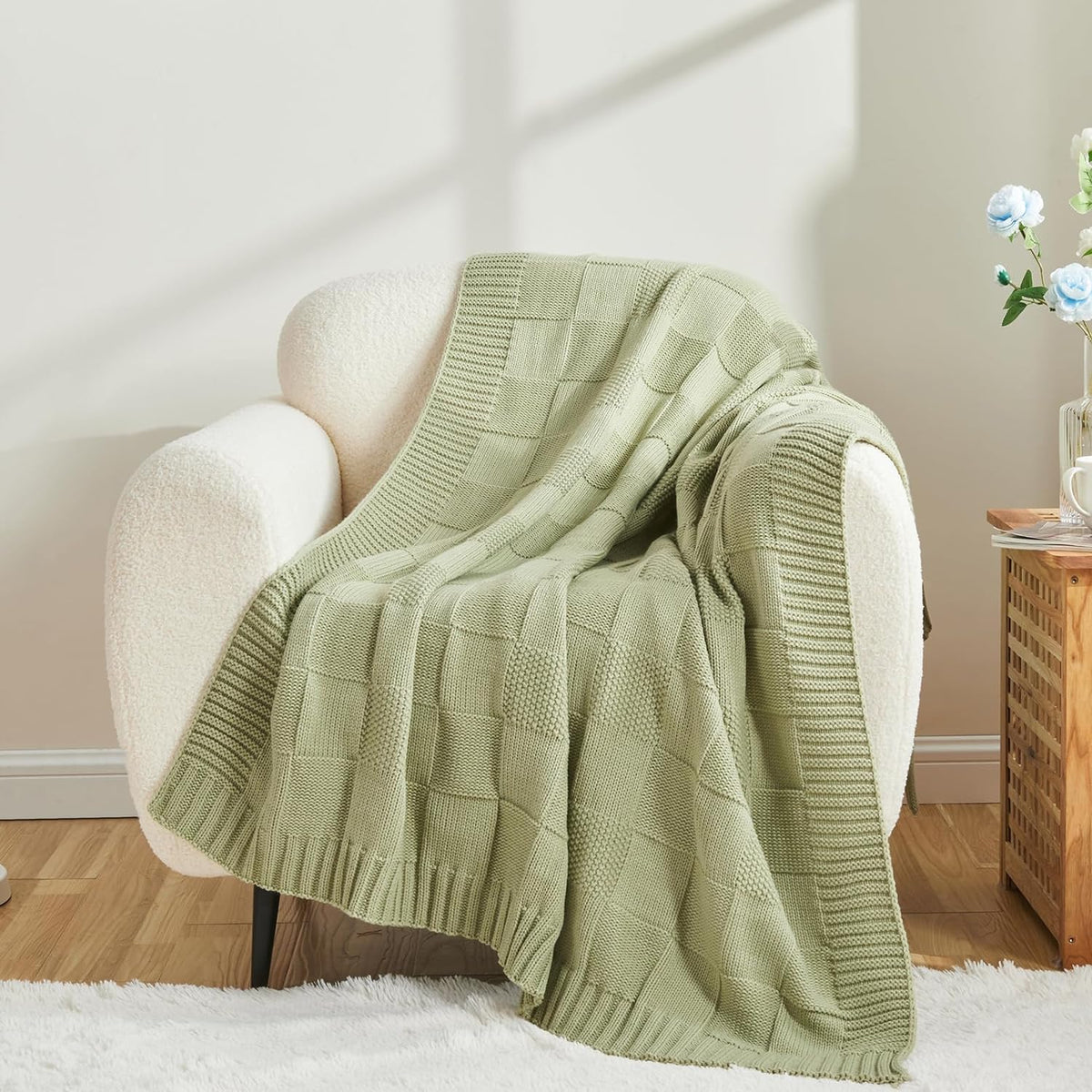 CozeCube Check Knit Throw Blanket, Sage Green Checkered Throw for Couch, Decorative Christmas Soft