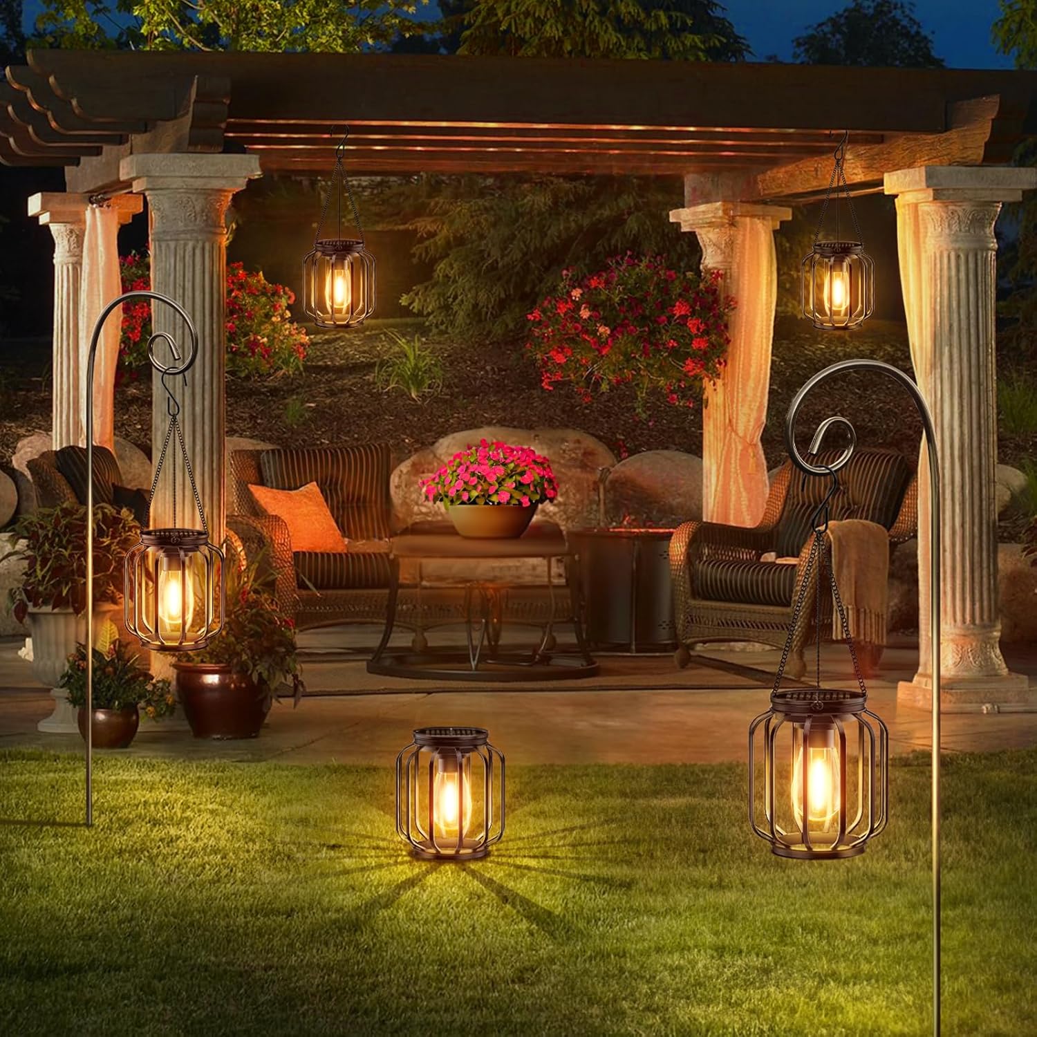 Solar Hanging Lanterns Outdoor Waterproof: 4 Pack Metal Solar-Powered Lights with Hook, Bright Warm