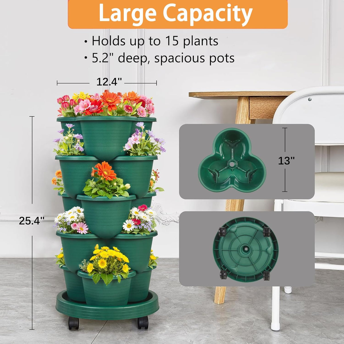 VECELO 5 Tier Vertical Garden Planter, Self Watering Stackable Planters with Wheels for