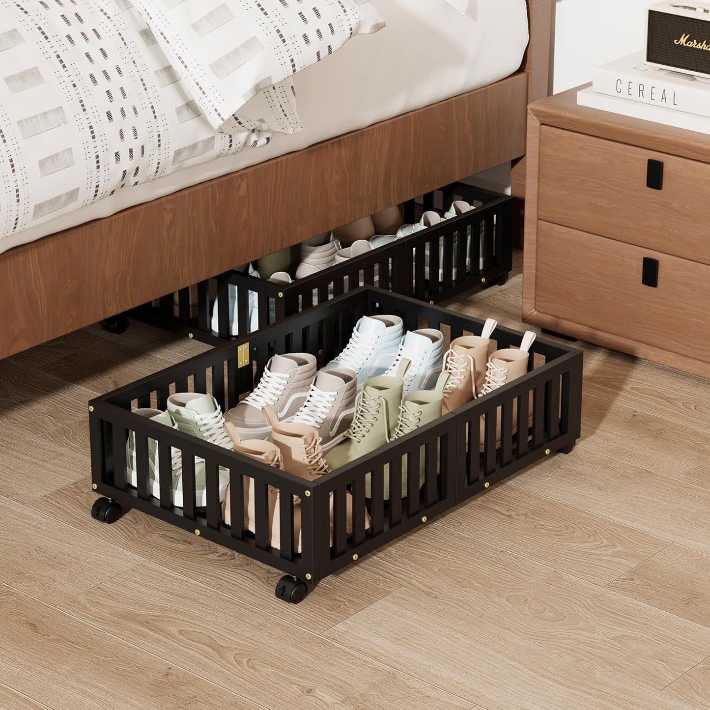 Bamboo Under Bed Storage with Wheels (2-Pack) – Rolling Underbed Shoe Organizer Box for Shoes