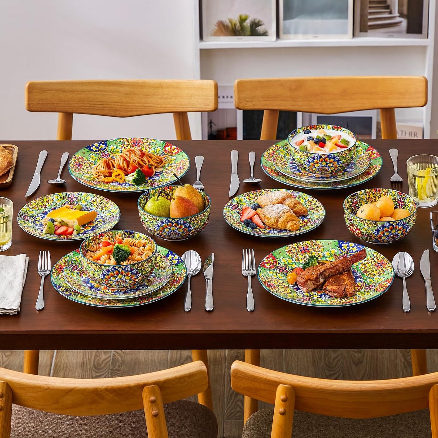 vancasso 12 Pieces Dinnerware Sets, Green Plates and Bowls Set, Porcelain Dishes Set for 4