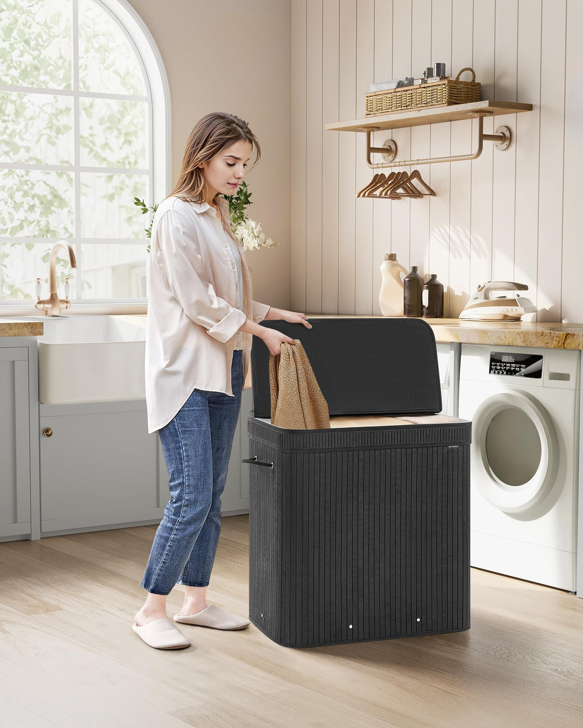 SONGMICS Laundry Hamper with Lid, Bamboo Laundry Basket, Removable Machine Washable Laundry Basket