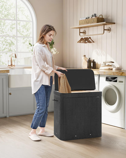 SONGMICS Laundry Hamper with Lid, Bamboo Laundry Basket, Removable Machine Washable Laundry Basket