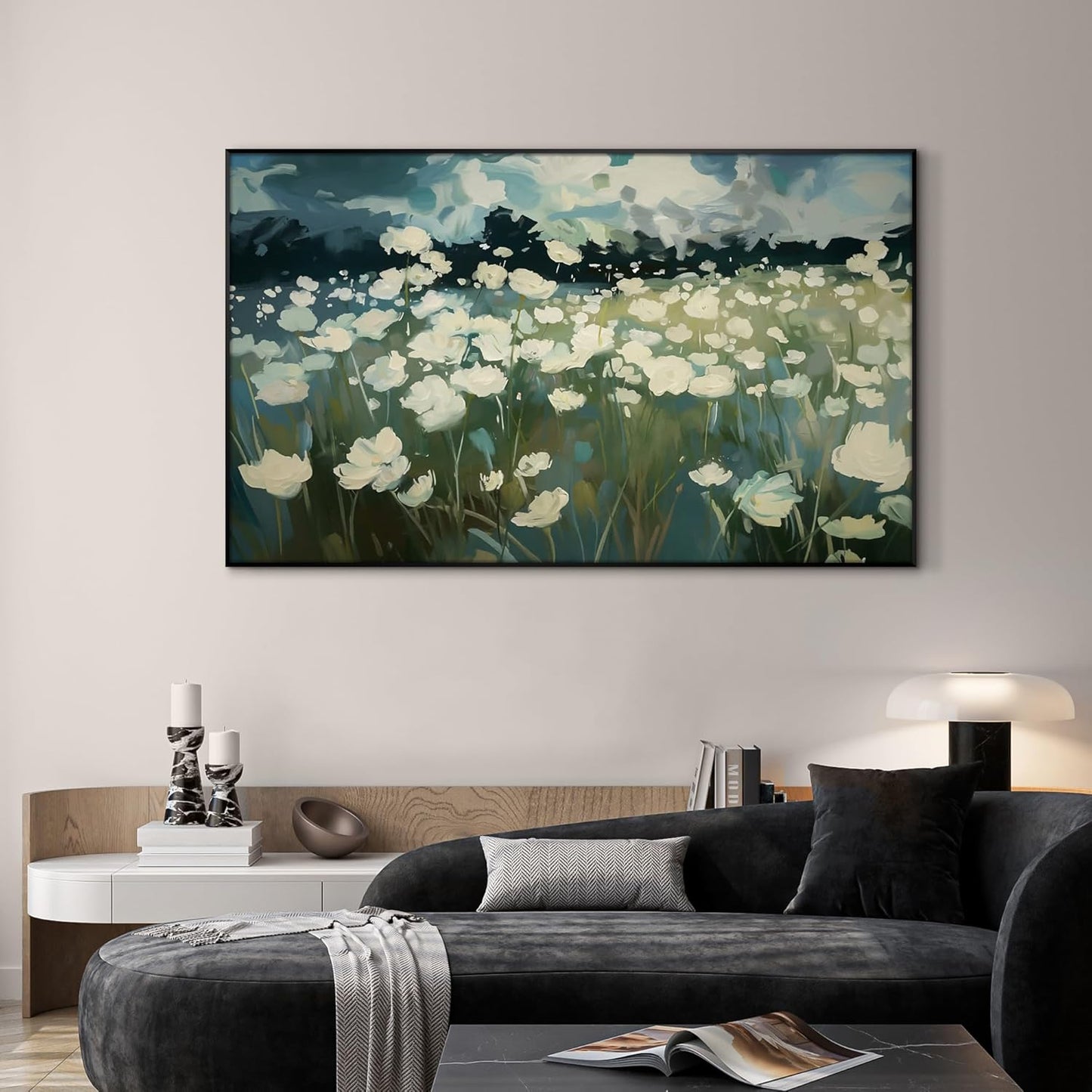 SIGNWIN 30"x60" Extra Large Framed Wall Art White Wildflower Field in Impressionist Style, Soft