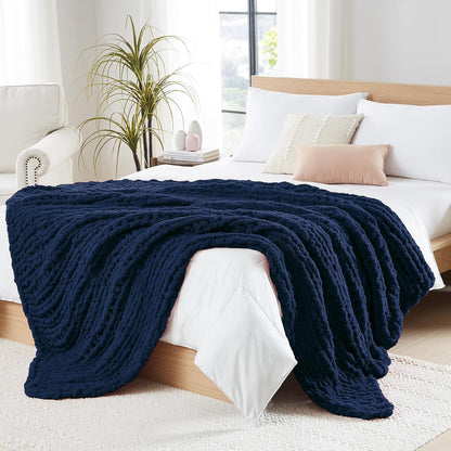 L'AGRATY Chunky Knit Throw: 72''x84'' Chenille Blanket for Bed Couch - Handmade Thick Big Cable