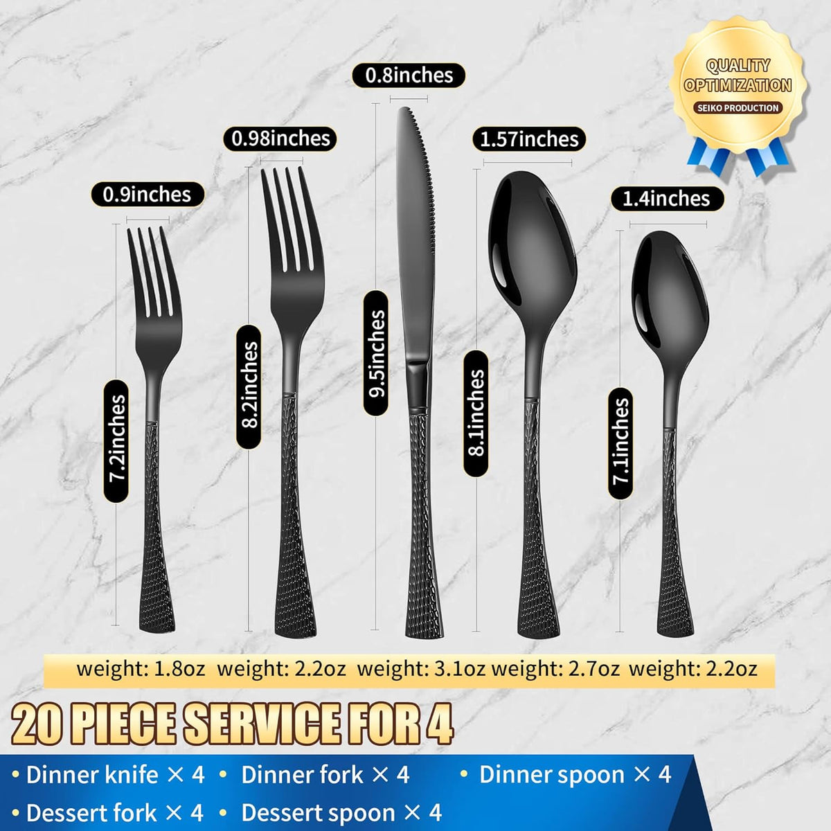 Hammered Black Silverware Set,20 Piece Modern Flatware Set Service for 4,Mirror Polished Stainless