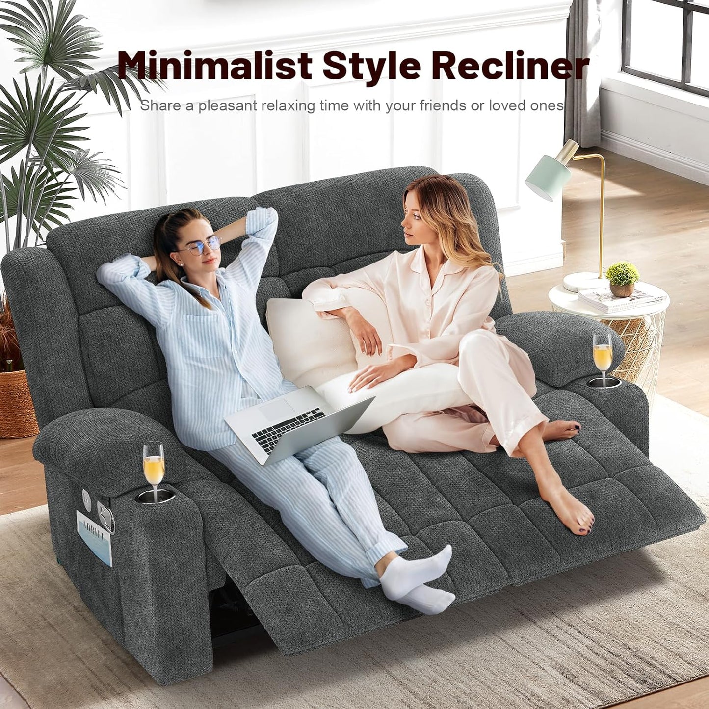 Loveseat Recliner Sofa, 2 Seater Minimalist Style Fabric Manual Pull Tab Reclining Loveseat with