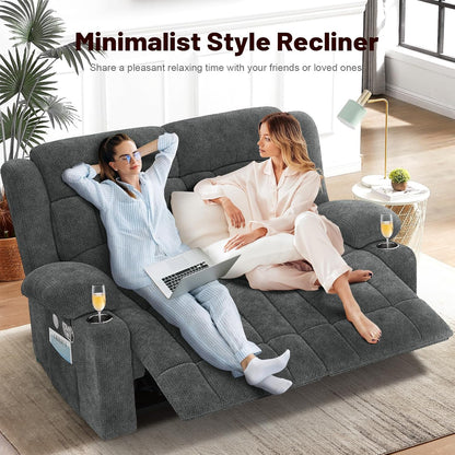 Loveseat Recliner Sofa, 2 Seater Minimalist Style Fabric Manual Pull Tab Reclining Loveseat with