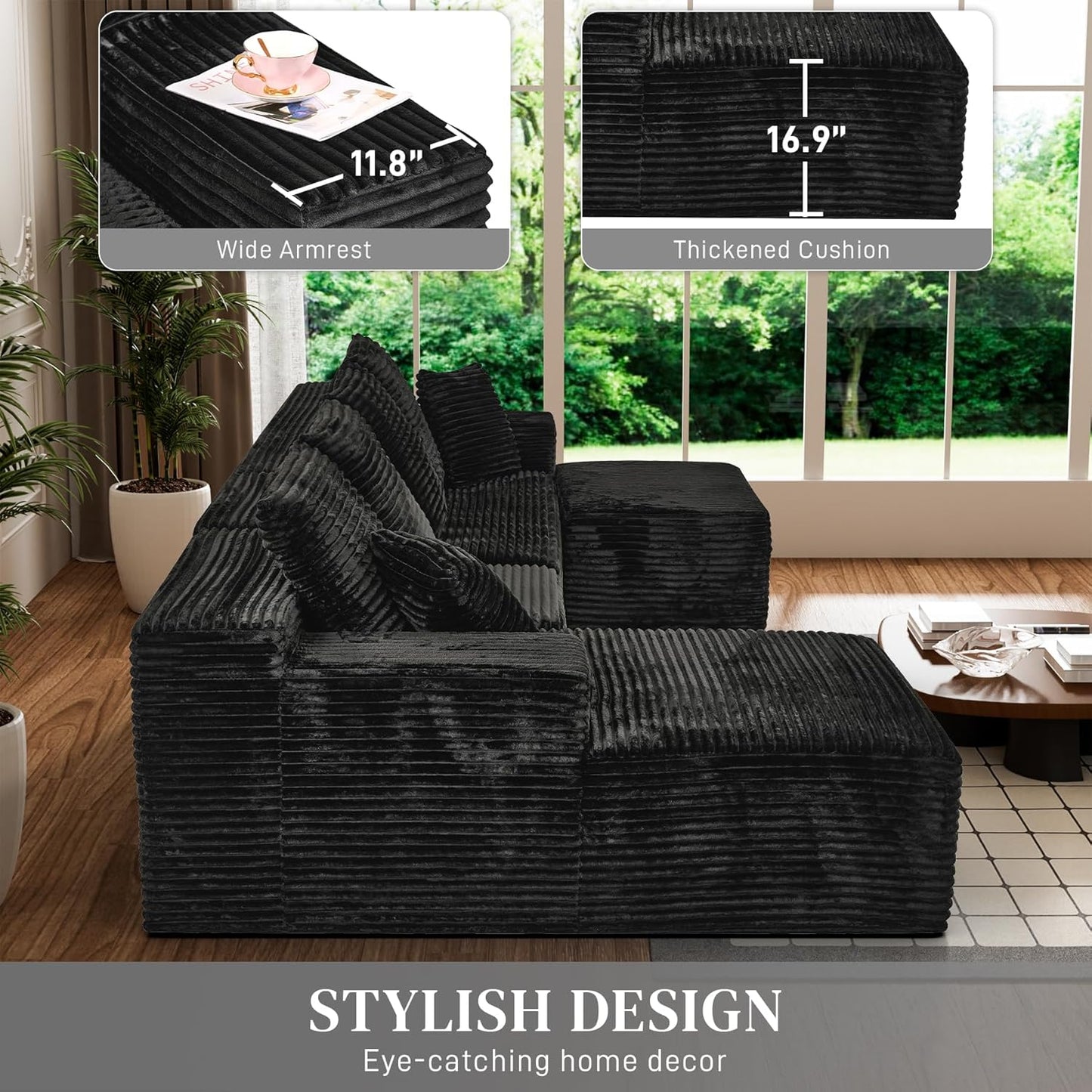 Modular Sectional Sofa Cloud Sectional Couch, 135" Comfy Fluffy U Shaped Black Couches for Living
