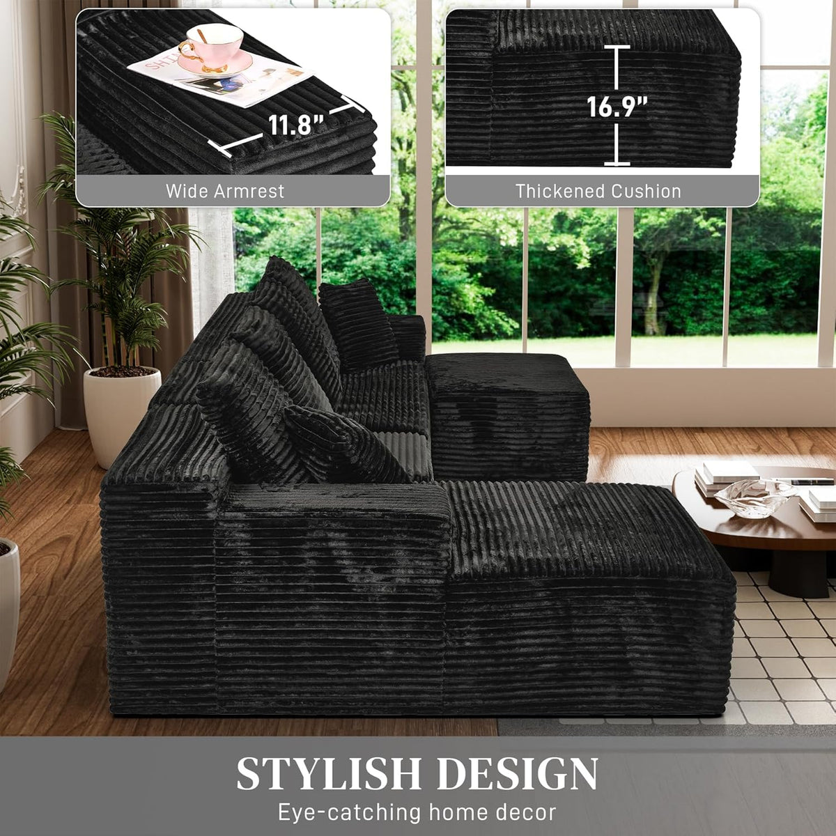 Modular Sectional Sofa Cloud Sectional Couch, 135" Comfy Fluffy U Shaped Black Couches for Living
