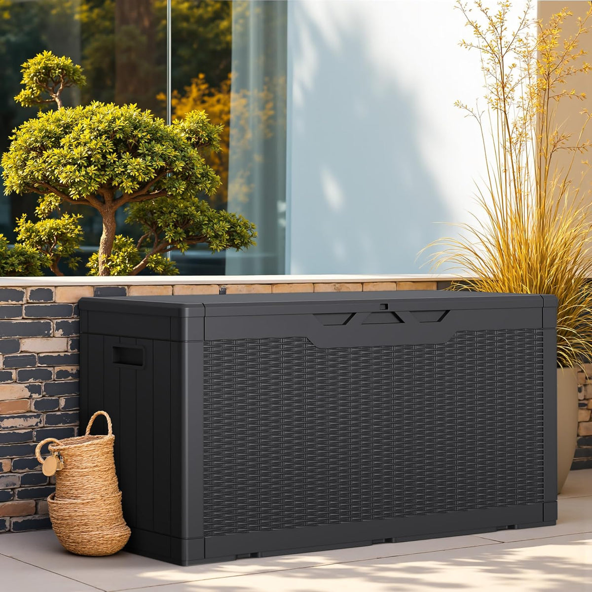 Greesum 100 Gallon Resin Deck Box Lockable Large Outdoor Storage Boxes for Garden Tools, Patio