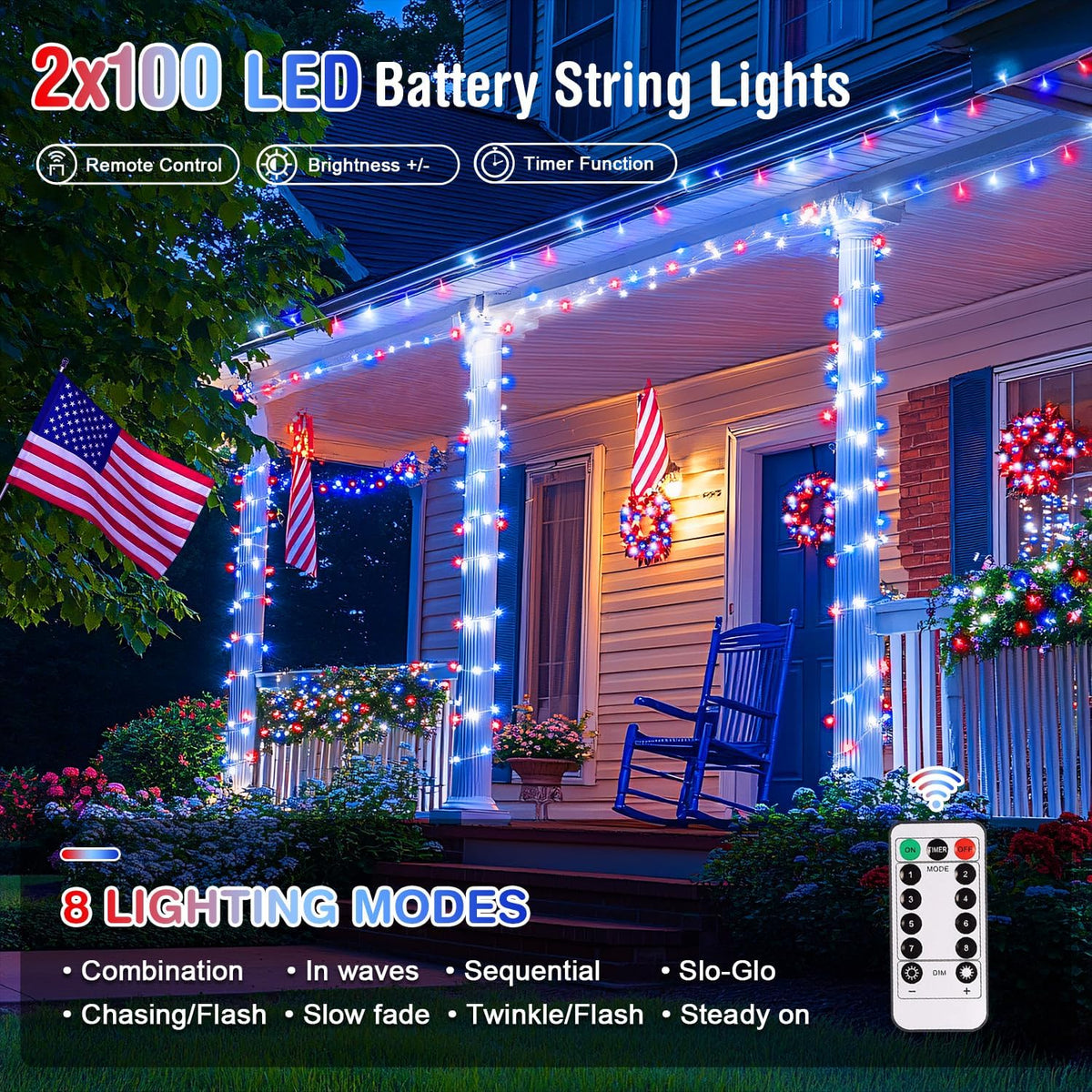 JMEXSUSS 2 Pack Red White and Blue Lights Outdoor, 33ft 100 LED 4th of July Lights Battery