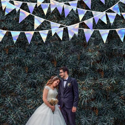 33Ft Iridescent Party Decoration Holographic Fabric Triangle Pennant Banner Flag Cotton Bunting