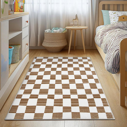 jinchan 3x5 Brown Checkered Area Rugs for Kids Room - Machine Washable Rug Modern Neutral Geometric