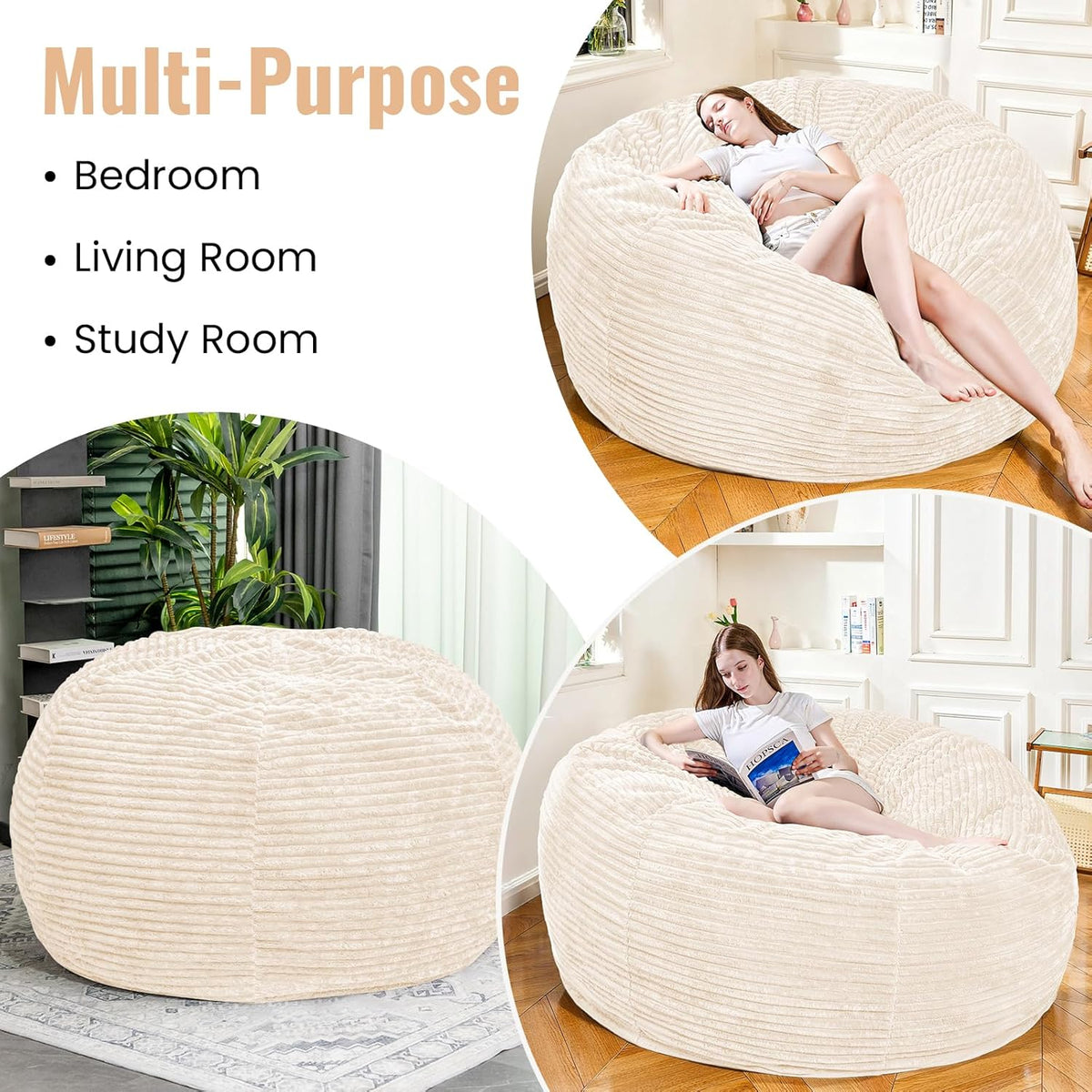 Large Bean Bag Chair, 6FT Giant Beanbag Chairs with Memory Foam Filled, Bean Bag Chairs for Adults
